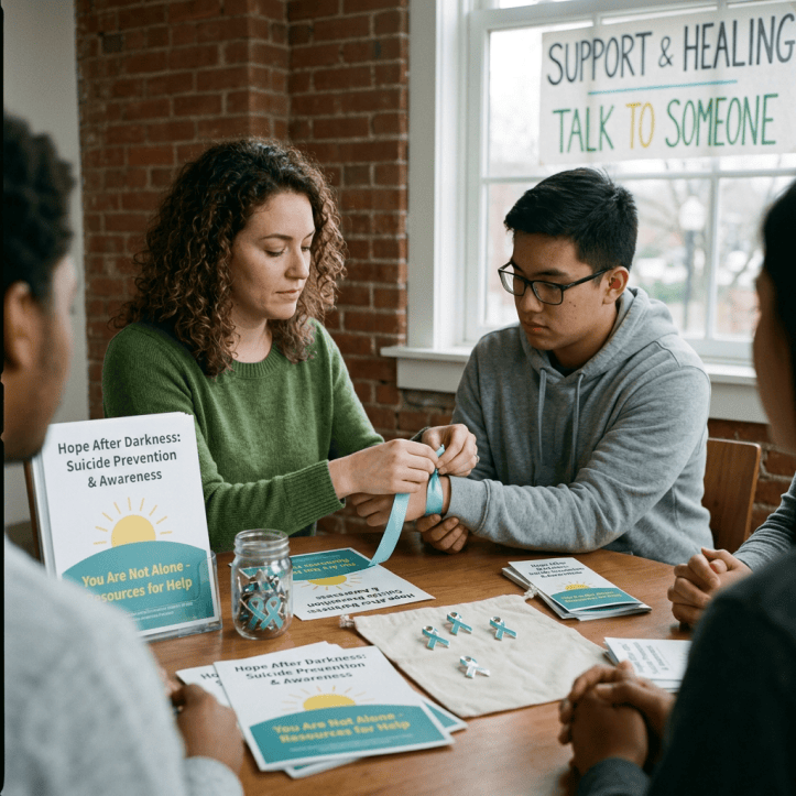 Support & Healing; Talk to Someone; suicide prevention awareness materials and teal ribbons