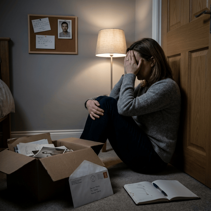 Woman sitting on floor beside boxes, covering her face
