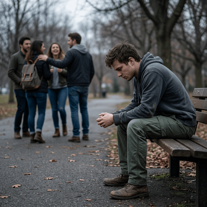 Man sitting alone on park bench as friends walk together behind him